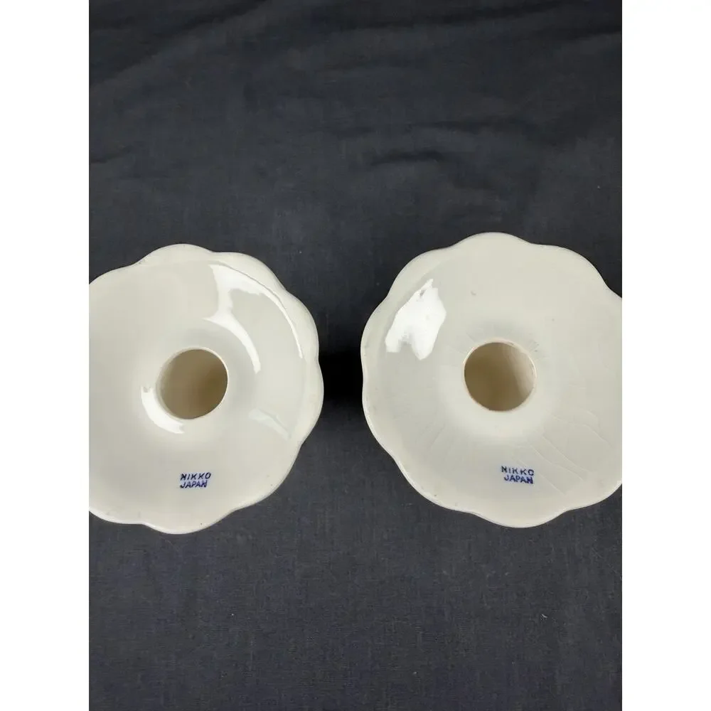 Nikko Happy Holidays Ceramic Candlestick Holders with Holly Berry Motif Set Of 2